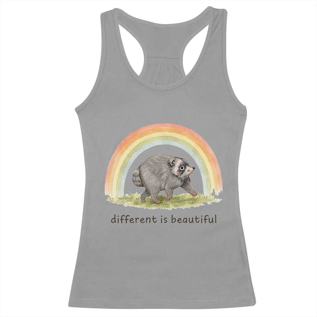 Cute Viral Raccoon Positive Quote Racerback Tank Top Different Is Beautiful Pastel Rainbow Graphic TS02 Sport Gray Print Your Wear