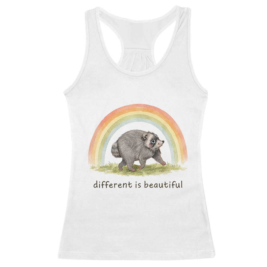 Cute Viral Raccoon Positive Quote Racerback Tank Top Different Is Beautiful Pastel Rainbow Graphic TS02 White Print Your Wear