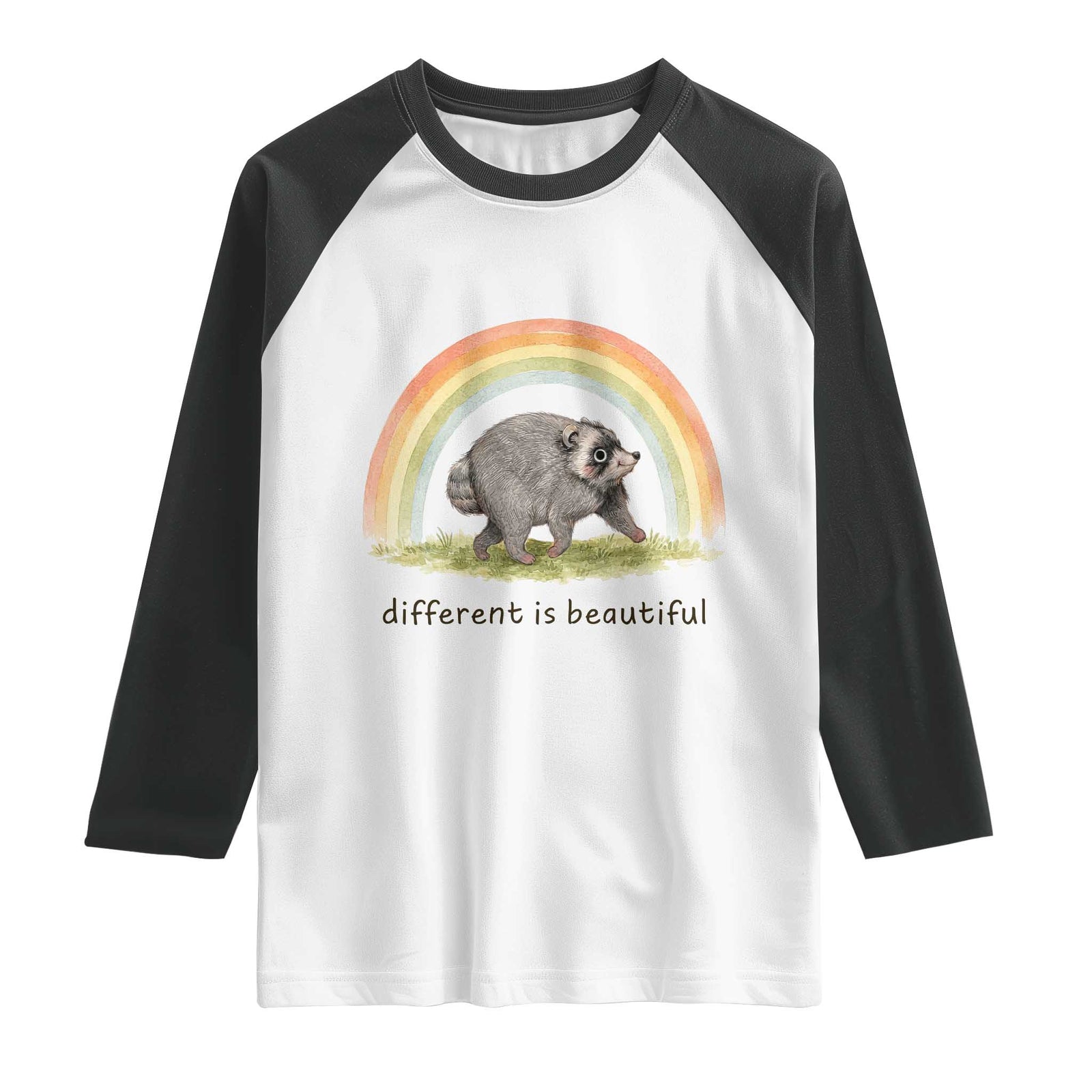 Cute Viral Raccoon Positive Quote Raglan Shirt Different Is Beautiful Pastel Rainbow Graphic TS02 White Black Print Your Wear
