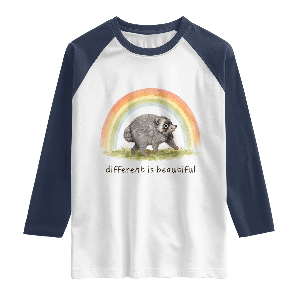 Cute Viral Raccoon Positive Quote Raglan Shirt Different Is Beautiful Pastel Rainbow Graphic