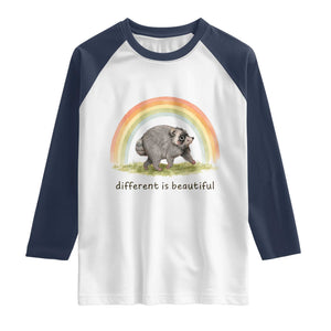 Cute Viral Raccoon Positive Quote Raglan Shirt Different Is Beautiful Pastel Rainbow Graphic