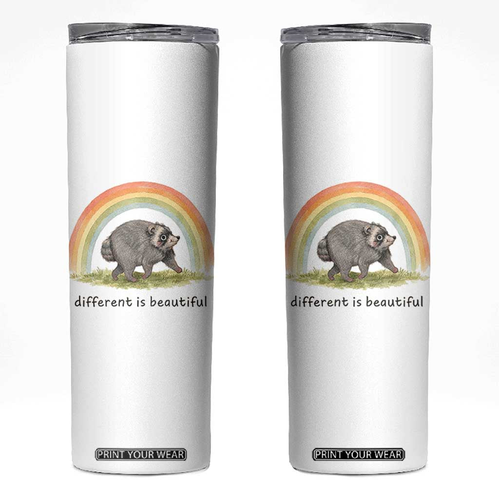 Cute Viral Raccoon Positive Quote Skinny Tumbler Different Is Beautiful Pastel Rainbow Graphic TS02 White Print Your Wear