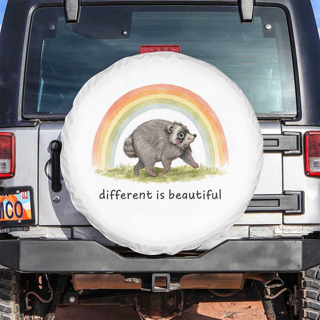 Cute Viral Raccoon Positive Quote Spare Tire Cover Different Is Beautiful Pastel Rainbow Graphic TS02 No hole Black Print Your Wear