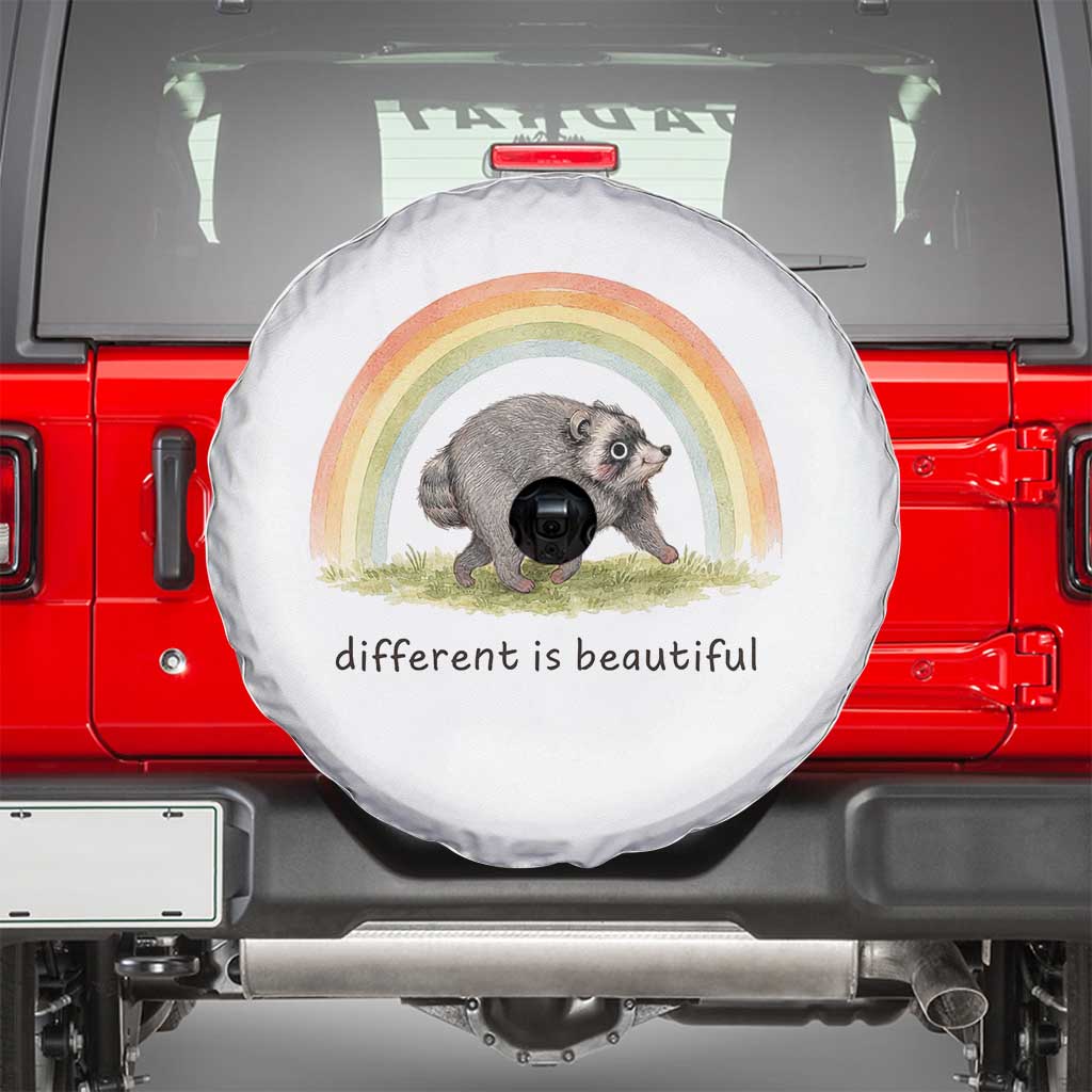 Cute Viral Raccoon Positive Quote Spare Tire Cover Different Is Beautiful Pastel Rainbow Graphic