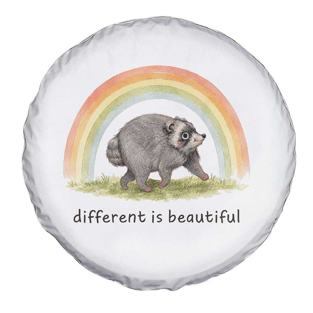 Cute Viral Raccoon Positive Quote Spare Tire Cover Different Is Beautiful Pastel Rainbow Graphic