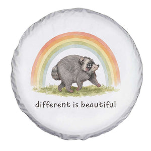 Cute Viral Raccoon Positive Quote Spare Tire Cover Different Is Beautiful Pastel Rainbow Graphic