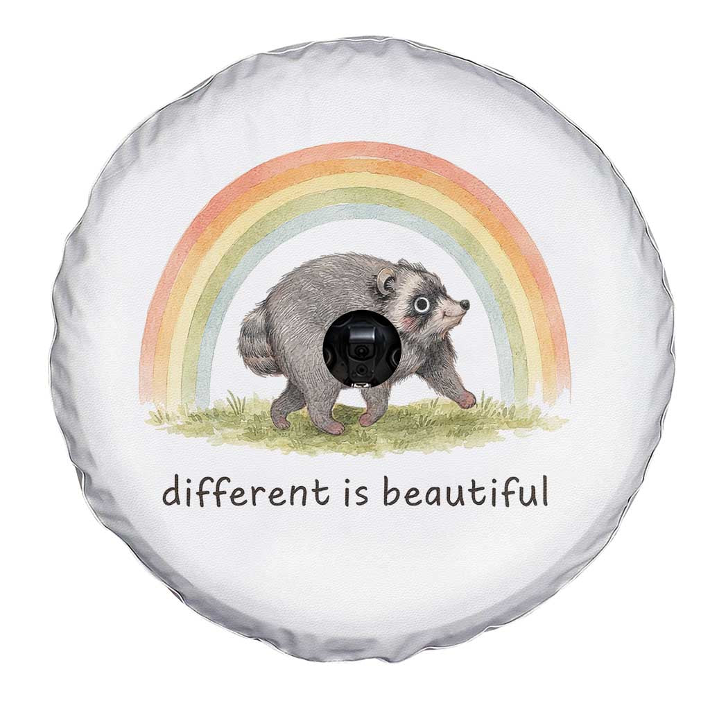 Cute Viral Raccoon Positive Quote Spare Tire Cover Different Is Beautiful Pastel Rainbow Graphic