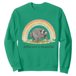 Cute Viral Raccoon Positive Quote Sweatshirt Different Is Beautiful Pastel Rainbow Graphic TS02 Irish Green Print Your Wear