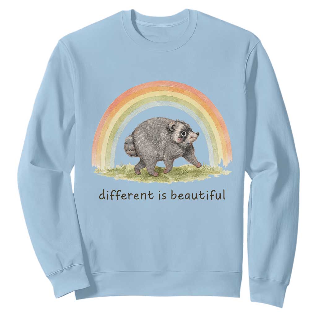 Cute Viral Raccoon Positive Quote Sweatshirt Different Is Beautiful Pastel Rainbow Graphic TS02 Light Blue Print Your Wear