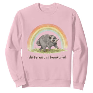 Cute Viral Raccoon Positive Quote Sweatshirt Different Is Beautiful Pastel Rainbow Graphic TS02 Light Pink Print Your Wear