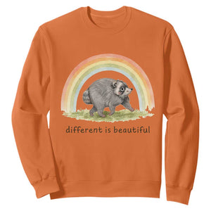 Cute Viral Raccoon Positive Quote Sweatshirt Different Is Beautiful Pastel Rainbow Graphic TS02 Orange Print Your Wear
