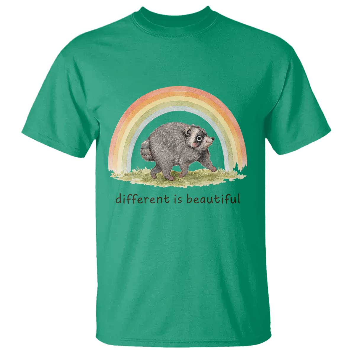 Cute Viral Raccoon Positive Quote T Shirt Different Is Beautiful Pastel Rainbow Graphic TS02 Irish Green Print Your Wear