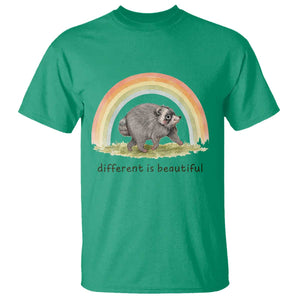 Cute Viral Raccoon Positive Quote T Shirt Different Is Beautiful Pastel Rainbow Graphic TS02 Irish Green Print Your Wear