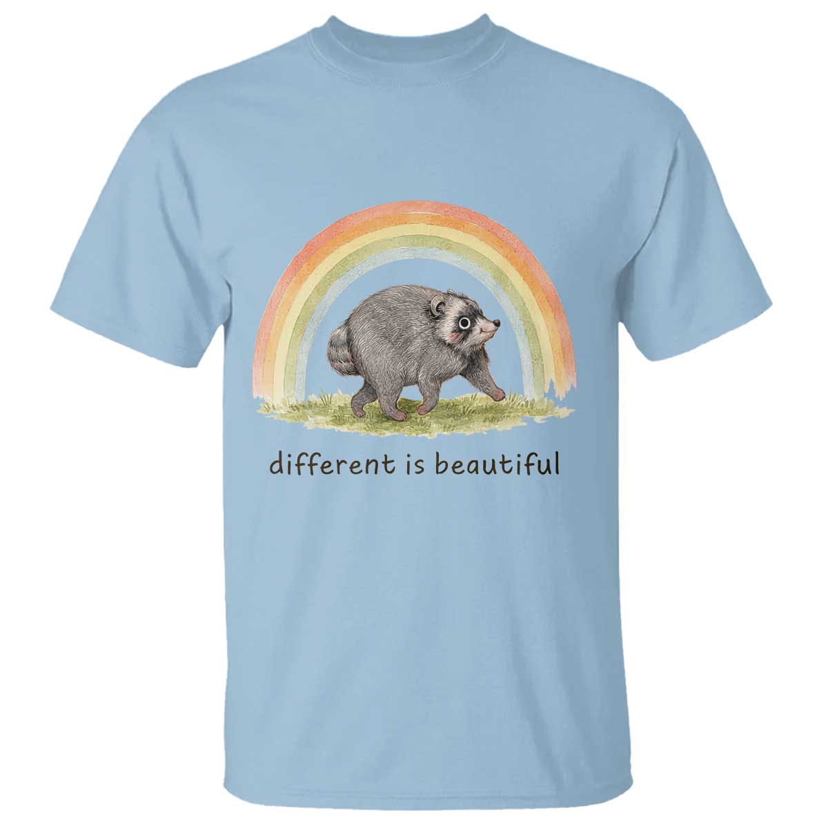 Cute Viral Raccoon Positive Quote T Shirt Different Is Beautiful Pastel Rainbow Graphic TS02 Light Blue Print Your Wear