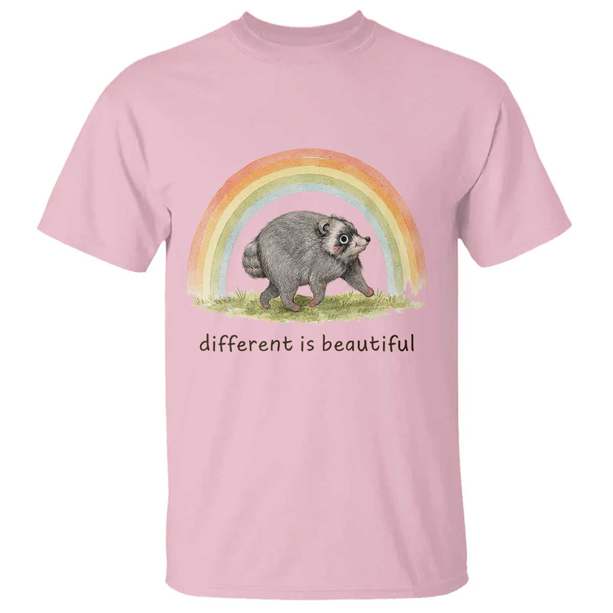 Cute Viral Raccoon Positive Quote T Shirt Different Is Beautiful Pastel Rainbow Graphic TS02 Light Pink Print Your Wear