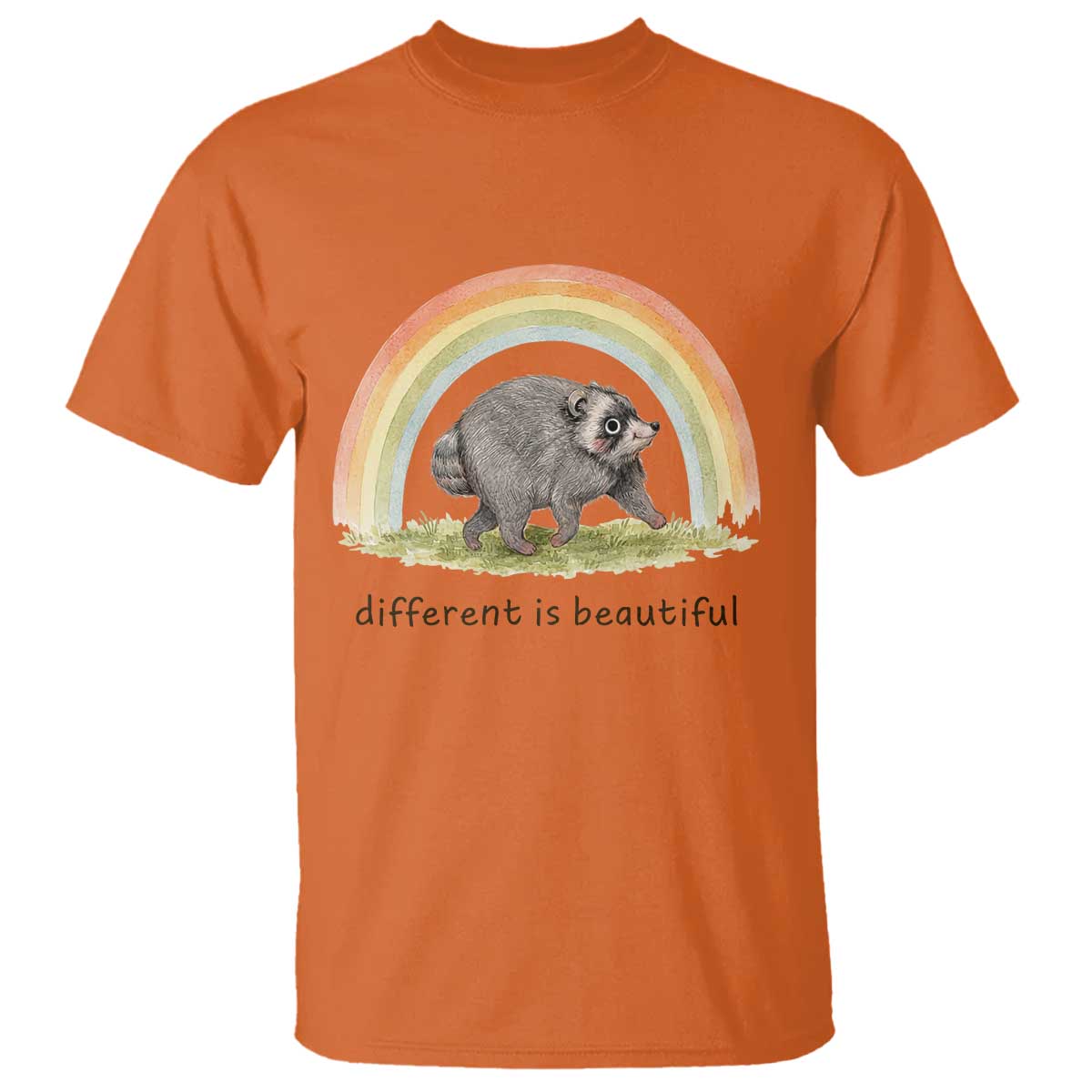 Cute Viral Raccoon Positive Quote T Shirt Different Is Beautiful Pastel Rainbow Graphic TS02 Orange Print Your Wear