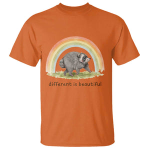 Cute Viral Raccoon Positive Quote T Shirt Different Is Beautiful Pastel Rainbow Graphic TS02 Orange Print Your Wear