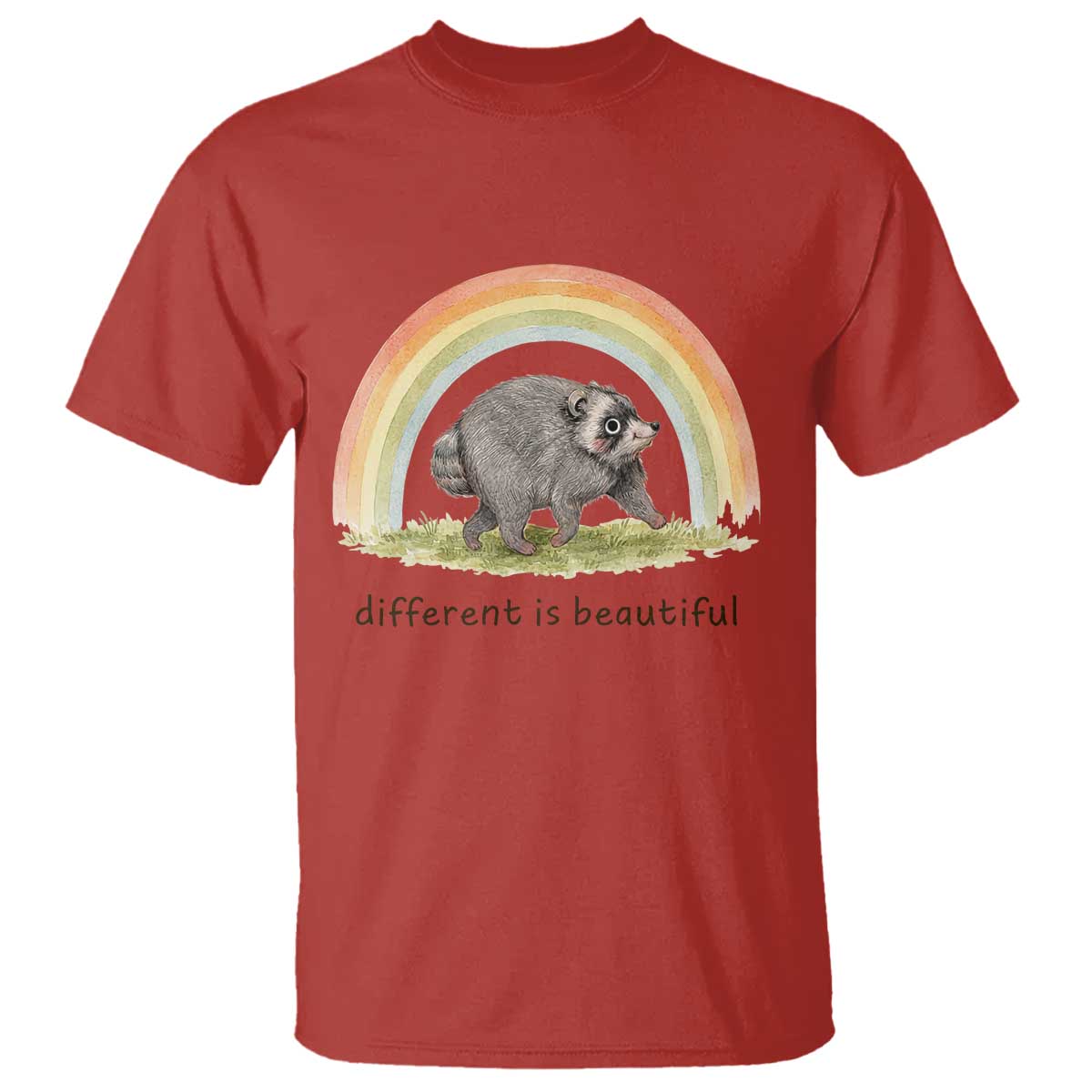 Cute Viral Raccoon Positive Quote T Shirt Different Is Beautiful Pastel Rainbow Graphic TS02 Red Print Your Wear