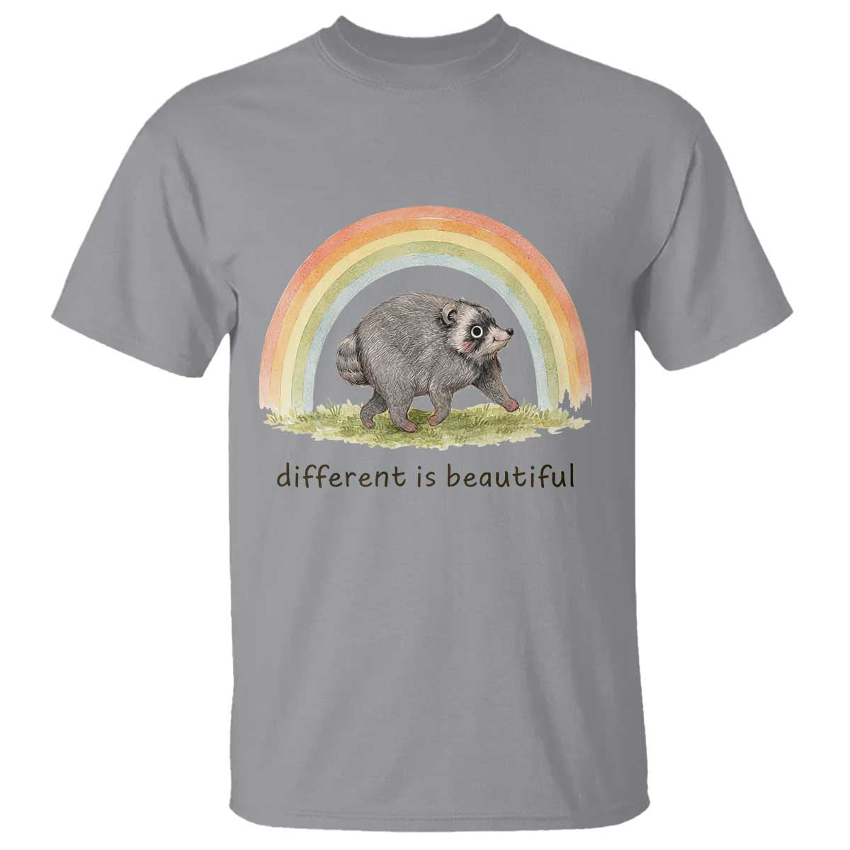 Cute Viral Raccoon Positive Quote T Shirt Different Is Beautiful Pastel Rainbow Graphic TS02 Sport Gray Print Your Wear