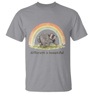 Cute Viral Raccoon Positive Quote T Shirt Different Is Beautiful Pastel Rainbow Graphic TS02 Sport Gray Print Your Wear