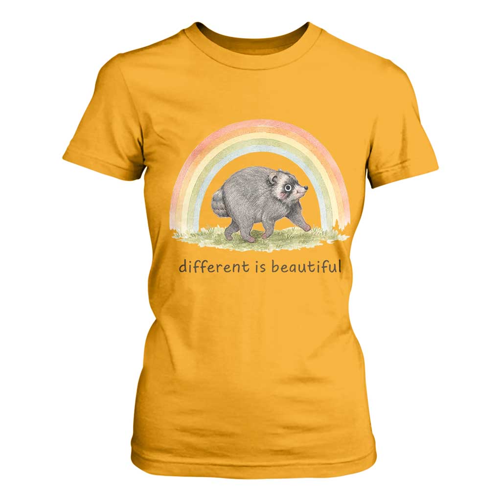 Cute Viral Raccoon Positive Quote T Shirt For Women Different Is Beautiful Pastel Rainbow Graphic TS02 Gold Print Your Wear
