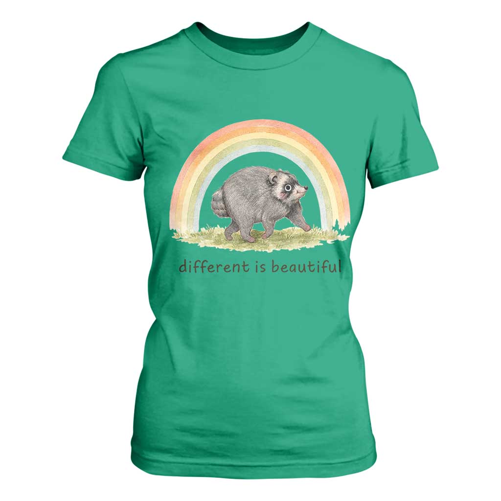 Cute Viral Raccoon Positive Quote T Shirt For Women Different Is Beautiful Pastel Rainbow Graphic TS02 Irish Green Print Your Wear