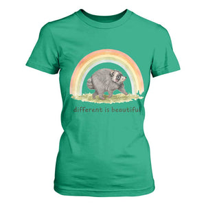 Cute Viral Raccoon Positive Quote T Shirt For Women Different Is Beautiful Pastel Rainbow Graphic TS02 Irish Green Print Your Wear