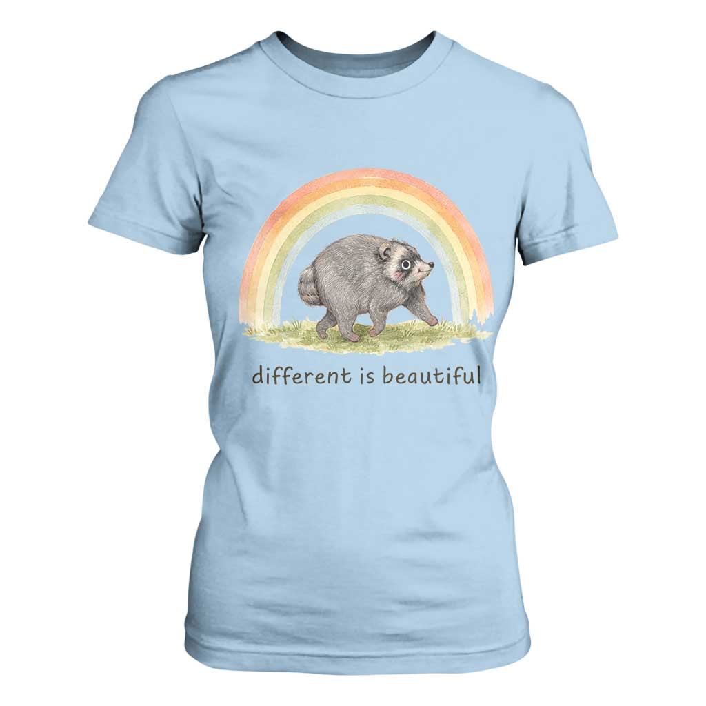 Cute Viral Raccoon Positive Quote T Shirt For Women Different Is Beautiful Pastel Rainbow Graphic TS02 Light Blue Print Your Wear