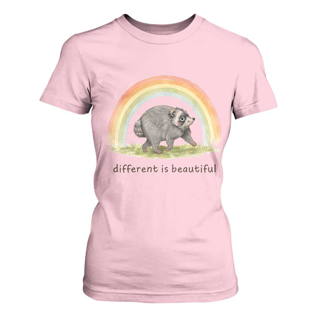 Cute Viral Raccoon Positive Quote T Shirt For Women Different Is Beautiful Pastel Rainbow Graphic TS02 Light Pink Print Your Wear