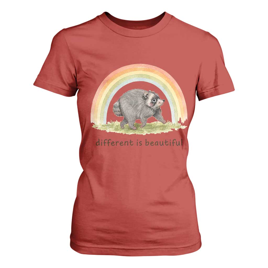 Cute Viral Raccoon Positive Quote T Shirt For Women Different Is Beautiful Pastel Rainbow Graphic TS02 Red Print Your Wear