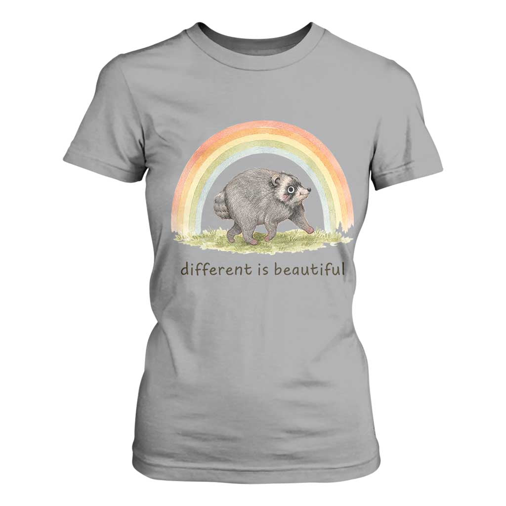 Cute Viral Raccoon Positive Quote T Shirt For Women Different Is Beautiful Pastel Rainbow Graphic TS02 Sport Gray Print Your Wear