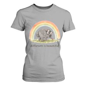 Cute Viral Raccoon Positive Quote T Shirt For Women Different Is Beautiful Pastel Rainbow Graphic TS02 Sport Gray Print Your Wear