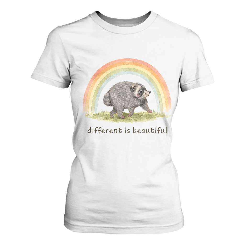 Cute Viral Raccoon Positive Quote T Shirt For Women Different Is Beautiful Pastel Rainbow Graphic TS02 White Print Your Wear