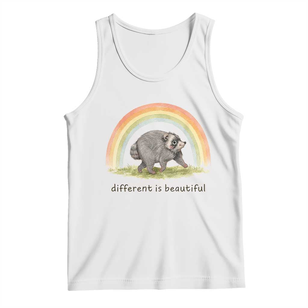 Cute Viral Raccoon Positive Quote Tank Top Different Is Beautiful Pastel Rainbow Graphic TS02 White Print Your Wear