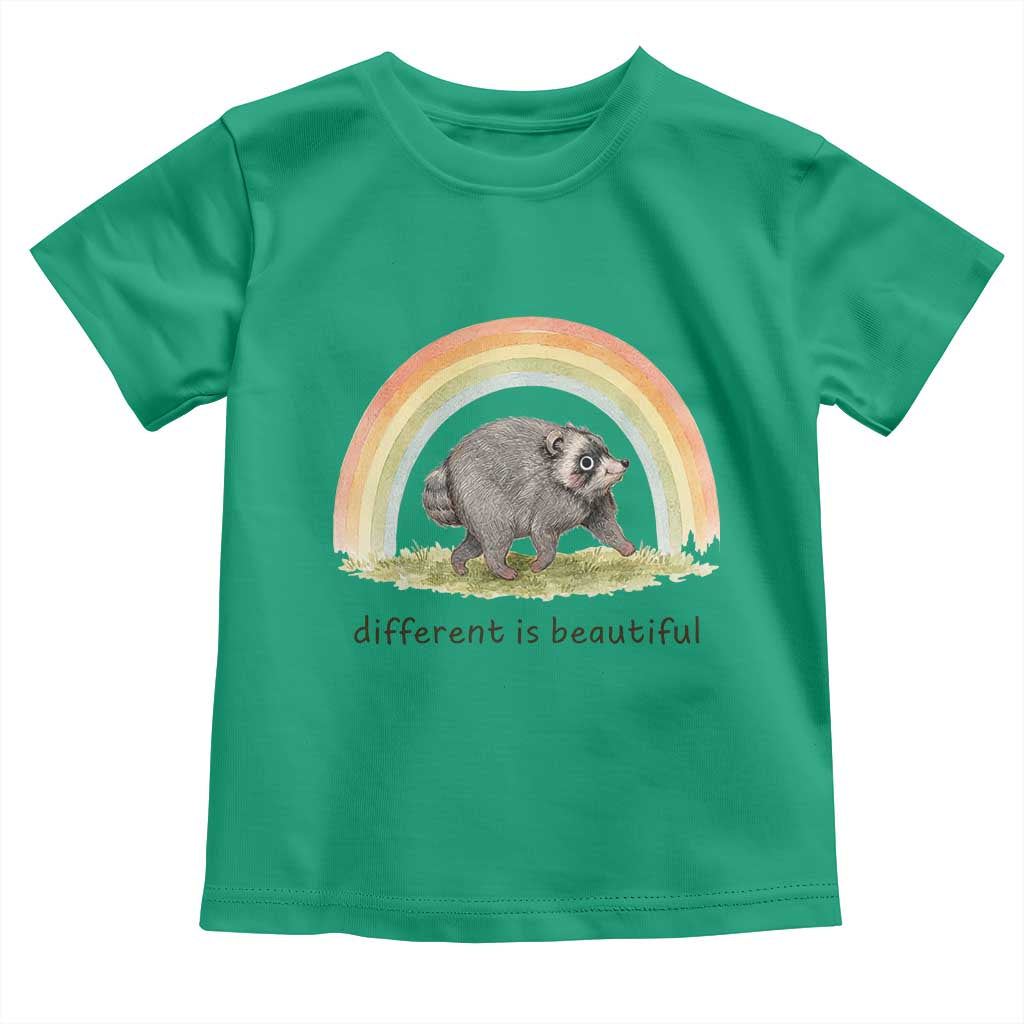 Cute Viral Raccoon Positive Quote Toddler T Shirt Different Is Beautiful Pastel Rainbow Graphic TS02 Irish Green Print Your Wear