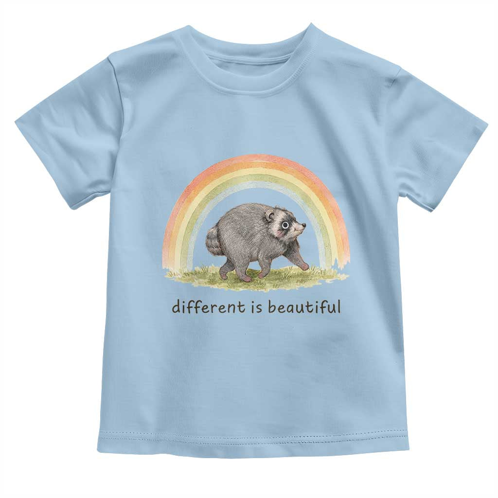 Cute Viral Raccoon Positive Quote Toddler T Shirt Different Is Beautiful Pastel Rainbow Graphic TS02 Light Blue Print Your Wear