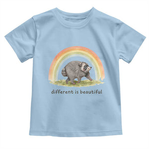 Cute Viral Raccoon Positive Quote Toddler T Shirt Different Is Beautiful Pastel Rainbow Graphic TS02 Light Blue Print Your Wear