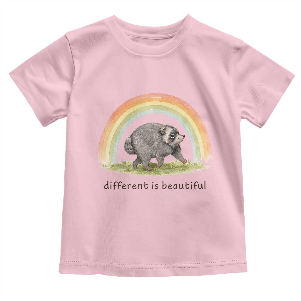 Cute Viral Raccoon Positive Quote Toddler T Shirt Different Is Beautiful Pastel Rainbow Graphic TS02 Light Pink Print Your Wear