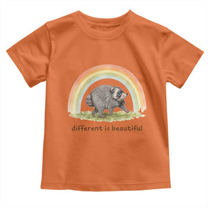 Cute Viral Raccoon Positive Quote Toddler T Shirt Different Is Beautiful Pastel Rainbow Graphic TS02 Orange Print Your Wear