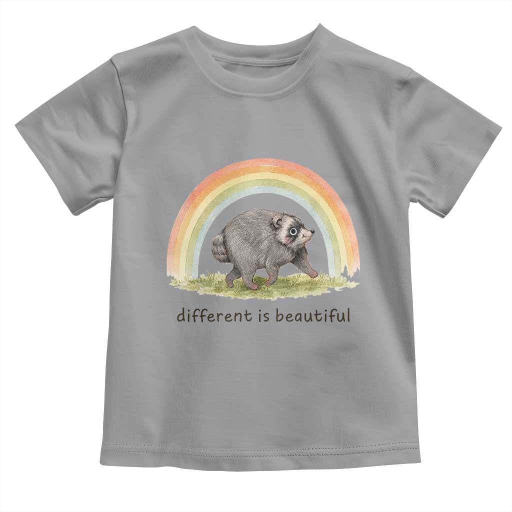 Cute Viral Raccoon Positive Quote Toddler T Shirt Different Is Beautiful Pastel Rainbow Graphic TS02 Sport Gray Print Your Wear