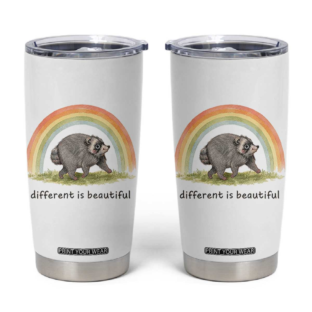 Cute Viral Raccoon Positive Quote Tumbler Cup Different Is Beautiful Pastel Rainbow Graphic