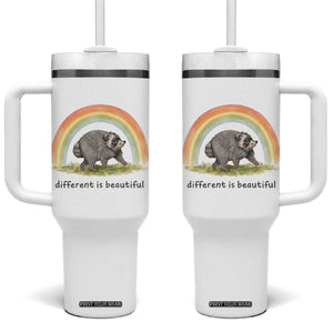 Cute Viral Raccoon Positive Quote Tumbler With Handle Different Is Beautiful Pastel Rainbow Graphic
