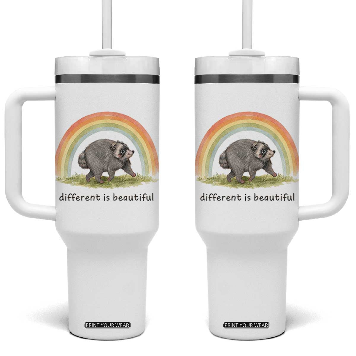 Cute Viral Raccoon Positive Quote Tumbler With Handle Different Is Beautiful Pastel Rainbow Graphic TS02 One Size: 40 oz White Print Your Wear