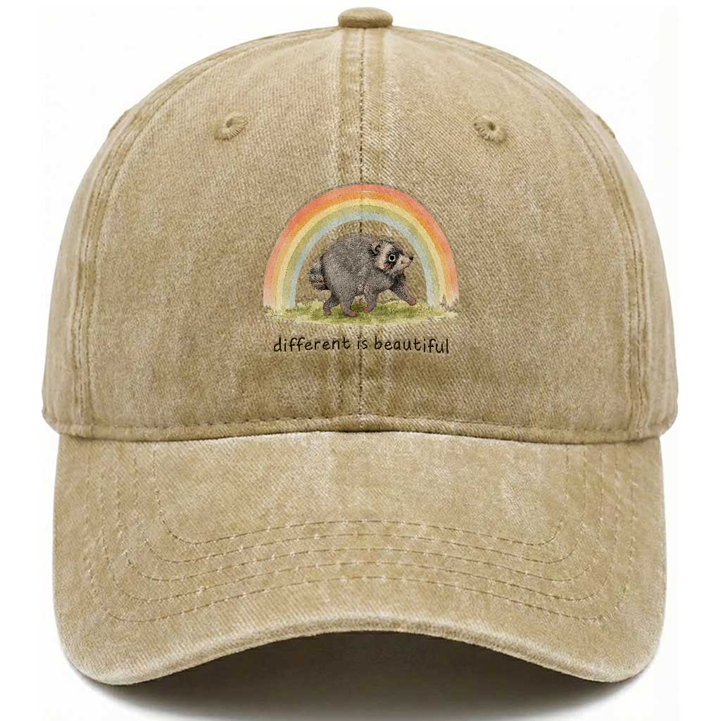 Cute Viral Raccoon Positive Quote Washed Cotton Baseball Cap Different Is Beautiful Pastel Rainbow Graphic TS02 Print Your Wear