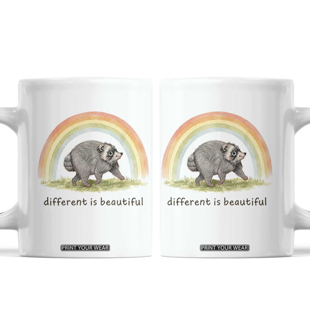 Cute Viral Raccoon Positive Quote Coffee Mug Different Is Beautiful Pastel Rainbow Graphic