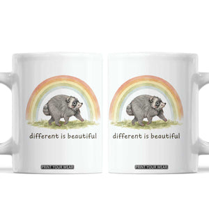 Cute Viral Raccoon Positive Quote Coffee Mug Different Is Beautiful Pastel Rainbow Graphic
