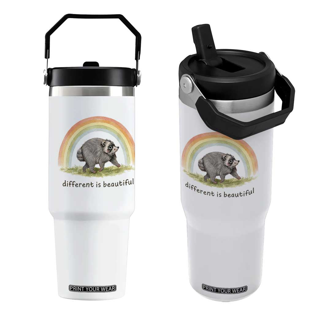 Cute Viral Raccoon Positive Quote Flip Straw Tumbler Different Is Beautiful Pastel Rainbow Graphic TS02 One Size: 30 oz White Print Your Wear