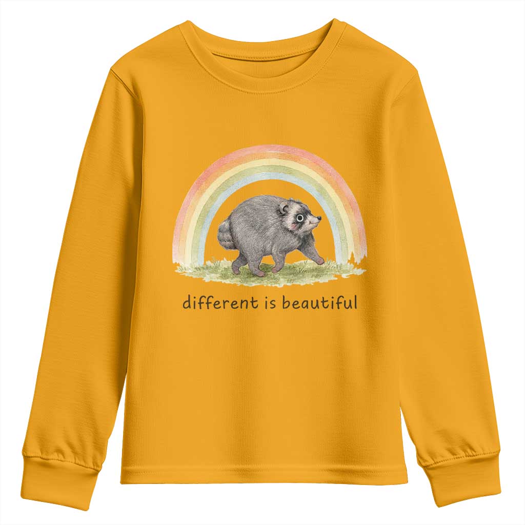 Cute Viral Raccoon Positive Quote Youth Sweatshirt Different Is Beautiful Pastel Rainbow Graphic TS02 Gold Print Your Wear