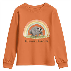 Cute Viral Raccoon Positive Quote Youth Sweatshirt Different Is Beautiful Pastel Rainbow Graphic TS02 Orange Print Your Wear
