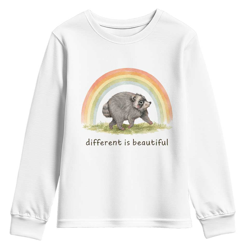 Cute Viral Raccoon Positive Quote Youth Sweatshirt Different Is Beautiful Pastel Rainbow Graphic TS02 White Print Your Wear